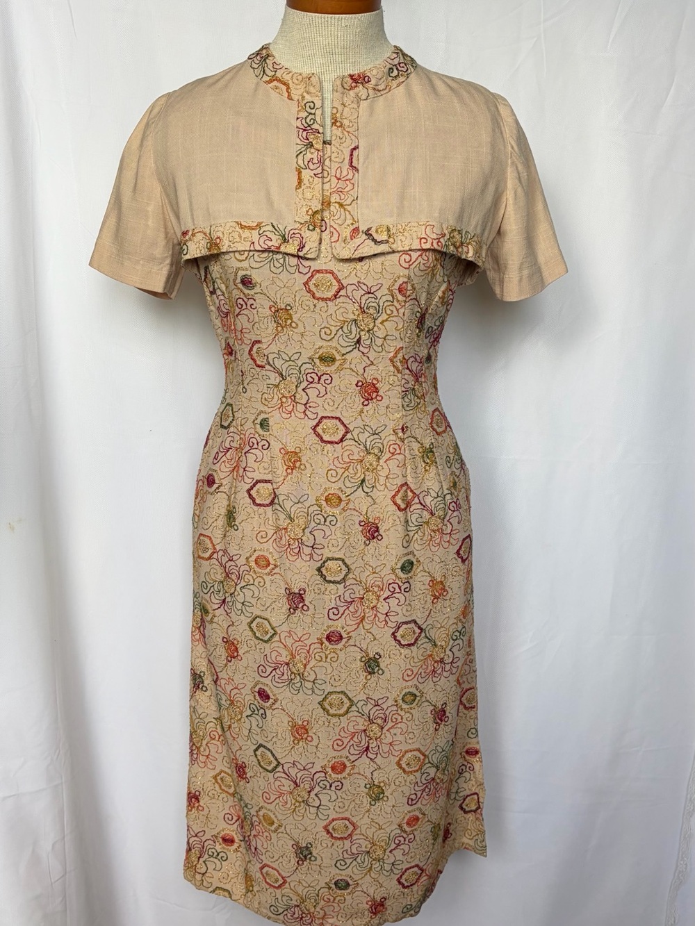 Vintage 1960s Floral Embroidered Wiggle Dress & Matching Bolero Jacket Set